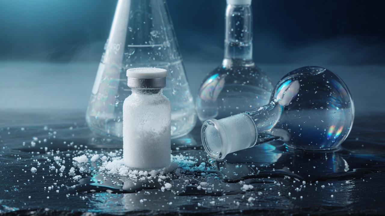 Lyophilized research vial on a wet slate bench